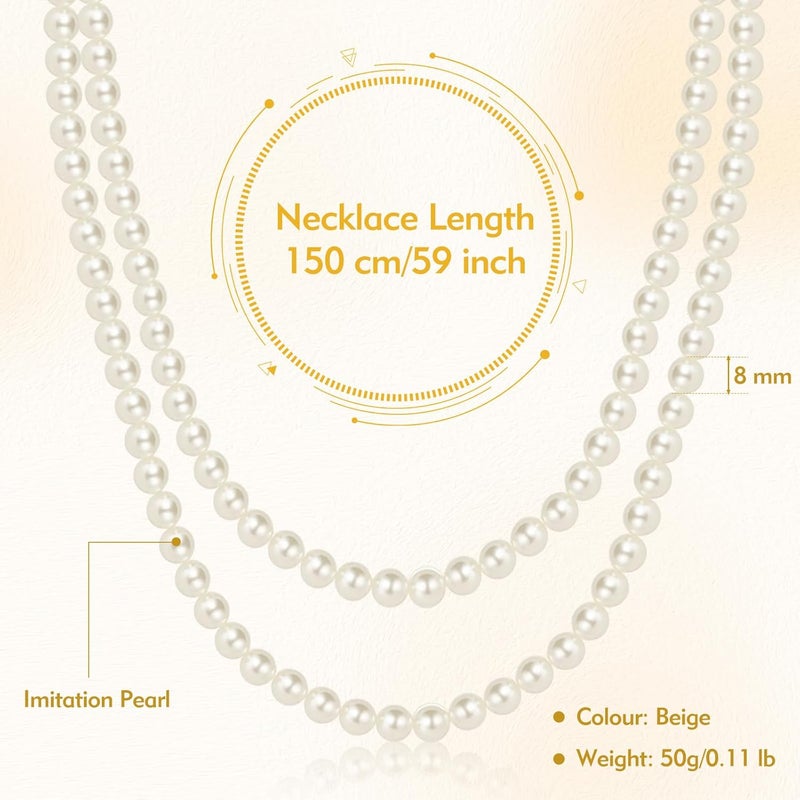 CdbC 59" Long Pearl Necklace, Faux Long Pearl Necklaces for Women, Vintage Elegant Long Pearls, Pearl Necklace Long for Wedding Party 1920s Gatsby Costume Jewelry - Image 2